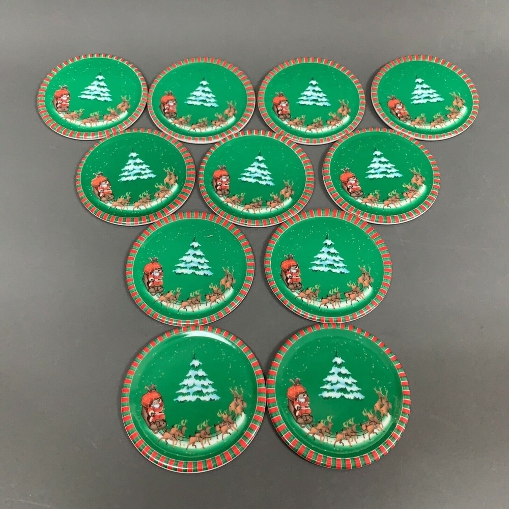 Round Coasters Christmas Santa Sleigh Tree Green Red Multi-Color Lot of 11